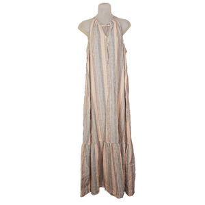 Nine West Linen Tiered Peasant Maxi Dress Halter Striped Cottage Coastal Chic S
